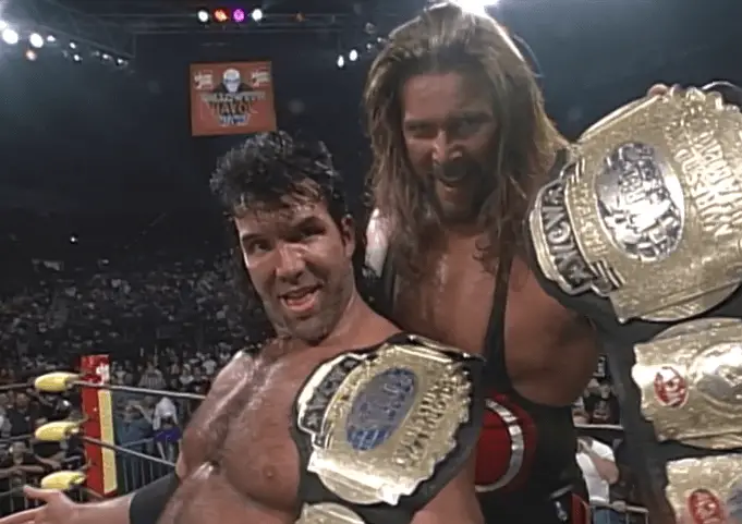 The Outsiders (Scott Hall and Kevin Nash) after defeating Harlem Heat at WCW's Halloween Havoc (1996).